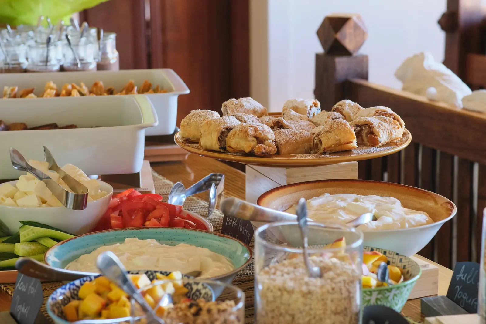 The brunch buffet: pastries, fruit and yoghurt